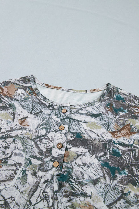 Abstract Woodland Print Western Henley Tunic Shirt