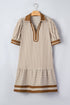 Stripe Shirt Collar Patchwork Trim Ruffle Hem Mini Dress