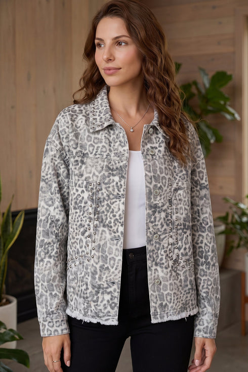 Leopard Print Studded Collar Beaded Patch Pocket Jacket