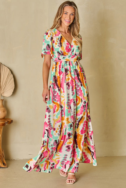 Abstract Print Flutter Sleeve V Neck Maxi Dress