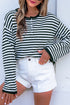 Striped Button Placket Drop Shoulder Long Sleeve Sweater