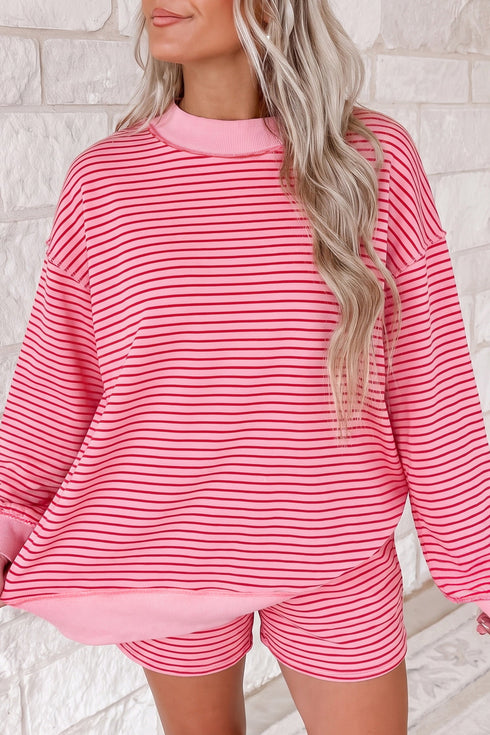 Striped Ribbed Patchwork Mock Neck Baggy Pullover Short Set