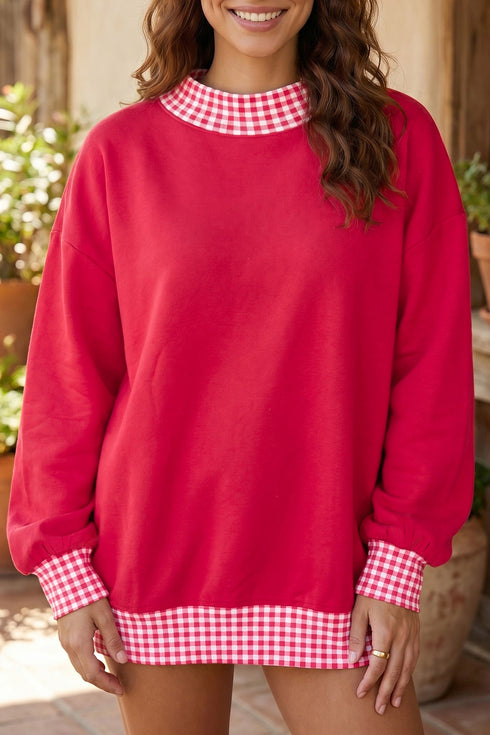 Mock Neck Plaid Pattern Trim Oversized Sweatshirt
