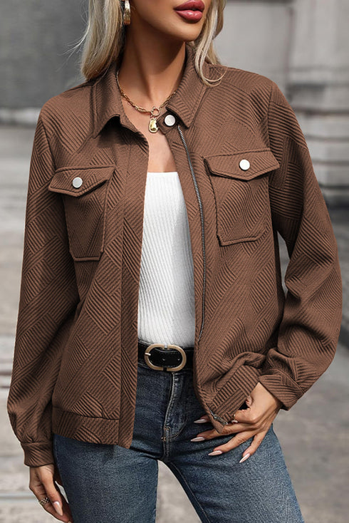 Casual Textured Flap Pocket Shirt Collar Zip Up Jackets