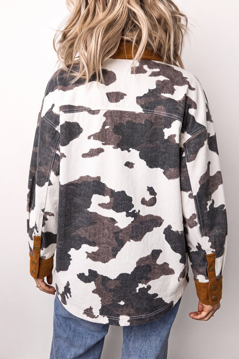 Western Cow Print Long Sleeve Button Up Denim Jacket
