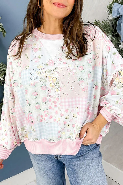 Floral Patchwork Twist Ribbed Trim Long Sleeve Top