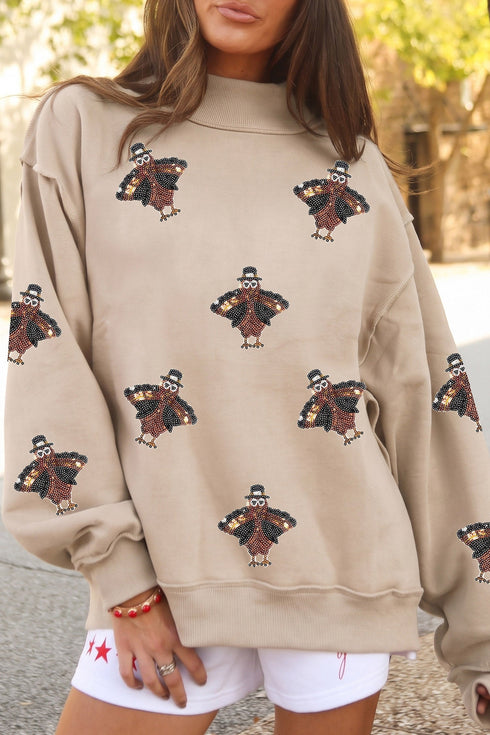 Sequin Turkey Mock Neck Exposed Seam Pullover Sweatshirt