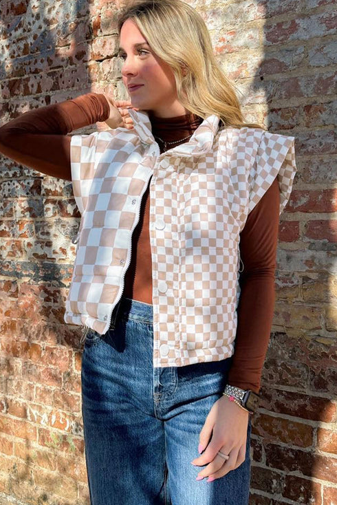 Plaid Print Quilted Button Zip Up Vest