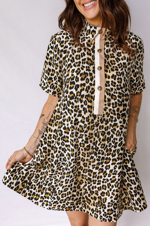 Leopard Print Half Button Short Sleeve Loose Mini Dress