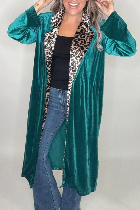Leopard Print Velvet Lapel Collar Open Front Cardigan