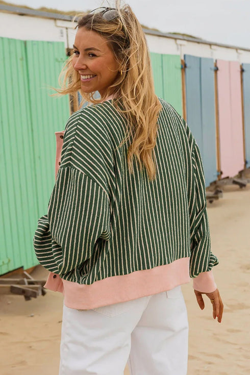 Striped Patchwork V Neck Long Sleeve Regular Fit Cardigan