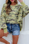 Camouflage Waffle Knit Raw Edge Trim Oversized Long Sleeve Top