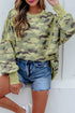 Camouflage Waffle Knit Raw Edge Trim Oversized Long Sleeve Top