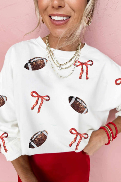 Polyester Sequin Rugby Bow Graphic Pullover Sweatshirt