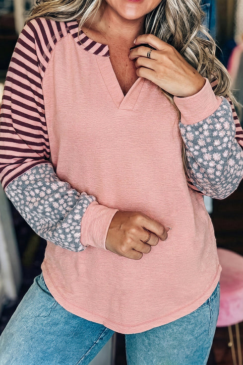 Striped Floral Patchwork V Neck Seam Long Sleeve Top