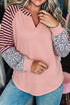 Striped Floral Patchwork V Neck Seam Long Sleeve Top