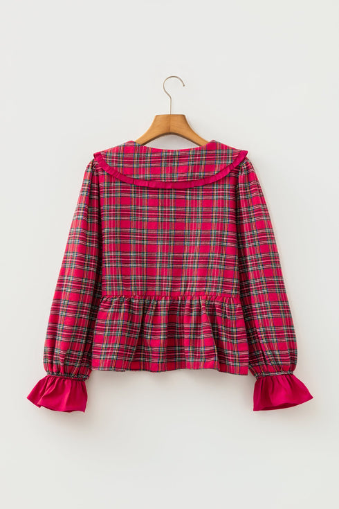 Plaid Tie Neck Ruffle Cuff Long Sleeve Blouse