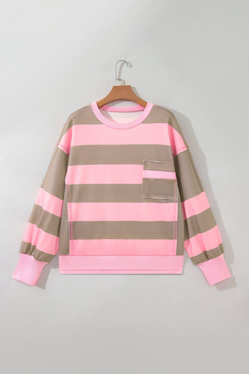 Striped Patch Pocket Split Hem Oversized Long Sleeve Sweatshirt