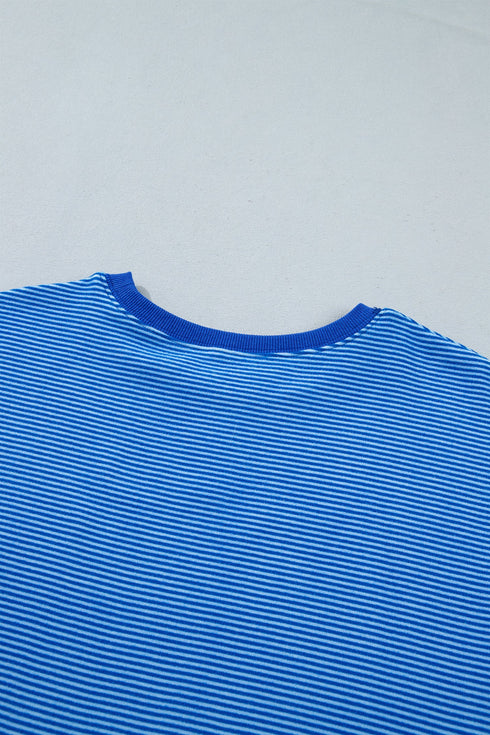 Striped Ribbed Cuff Hem Seam Long Sleeve Pullover Top