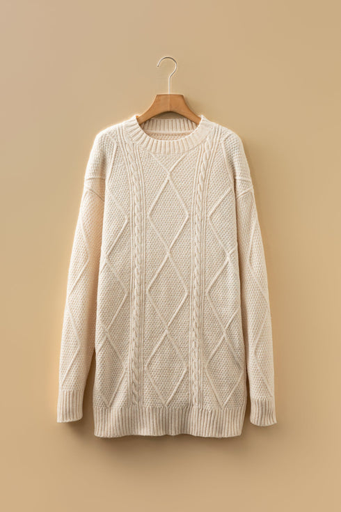 Long Sleeve Cable Knit Crew Neck Sweater Dress