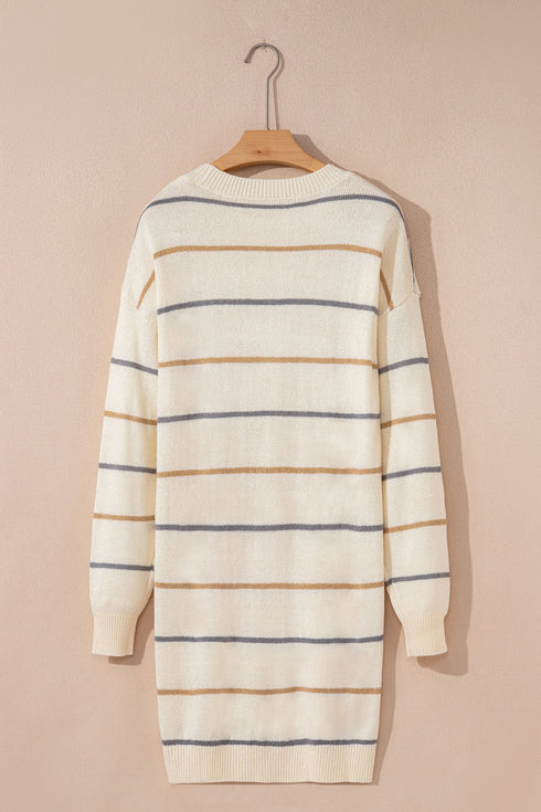 Relaxed Striped Crew Neck Long Sleeve Sweater Dress