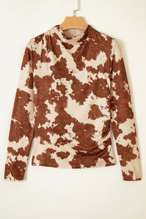 Western Cow Spots Printed High Neck Sheath Long Sleeve Top