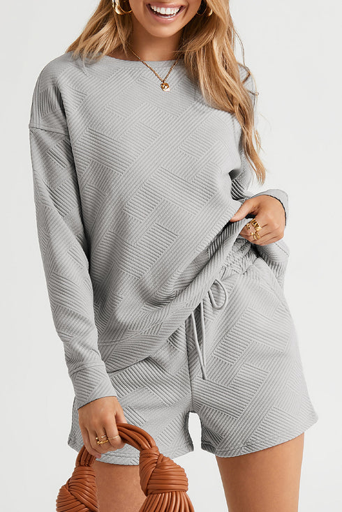 Textured Long Sleeve Top And Drawstring Lounge Short Sets