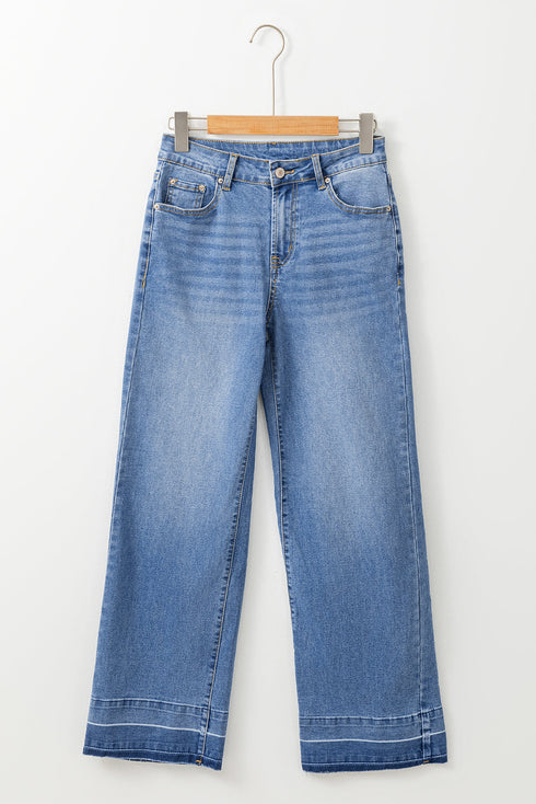 High Rise Straight Loose Raw Hem Cuffed Jeans