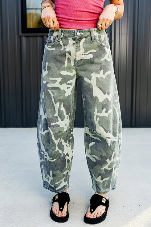 Camo Print Button Fly Straight Leg Ankle Length Jeans