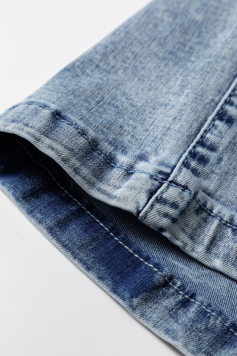 Acid Wash Exposed Seam Elastic Waist Wide Leg Jeans