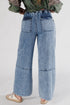 Acid Wash Exposed Seam Elastic Waist Wide Leg Jeans