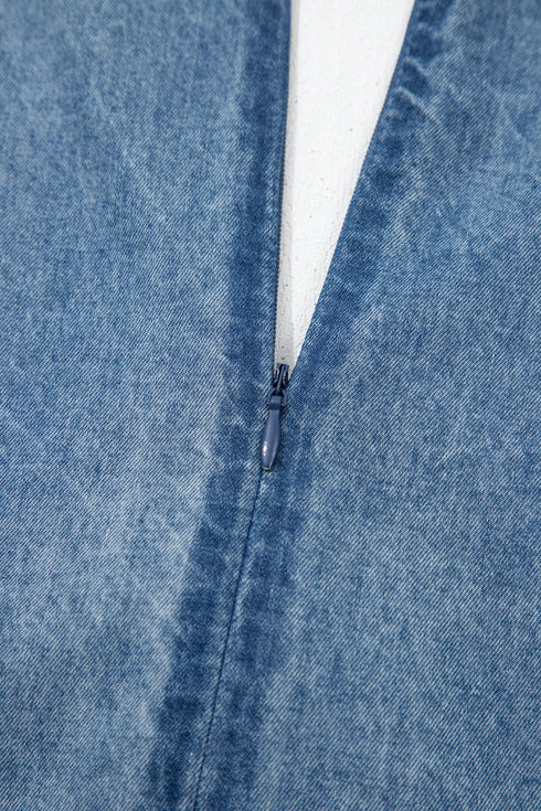Acid Wash Pintuck Tie V Neck Denim Wide Leg Jumpsuit