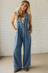 Acid Wash Pintuck Tie V Neck Denim Wide Leg Jumpsuit