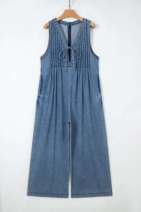 Acid Wash Pintuck Tie V Neck Denim Wide Leg Jumpsuit