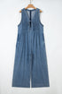 Acid Wash Pintuck Tie V Neck Denim Wide Leg Jumpsuit