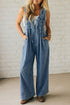 Acid Wash Pintuck Tie V Neck Denim Wide Leg Jumpsuit