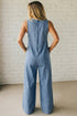 Acid Wash Pintuck Tie V Neck Denim Wide Leg Jumpsuit