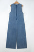 Acid Wash Pintuck Tie V Neck Denim Wide Leg Jumpsuit