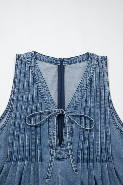 Acid Wash Pintuck Tie V Neck Denim Wide Leg Jumpsuit