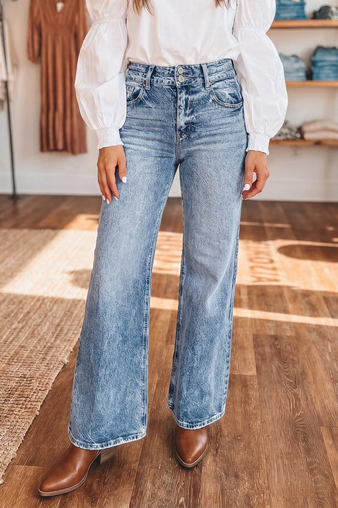 Acid Wash Pocket Detail Western Flare Jeans