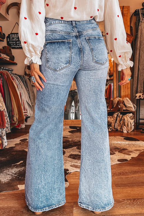 Acid Wash Pocket Detail Western Flare Jeans