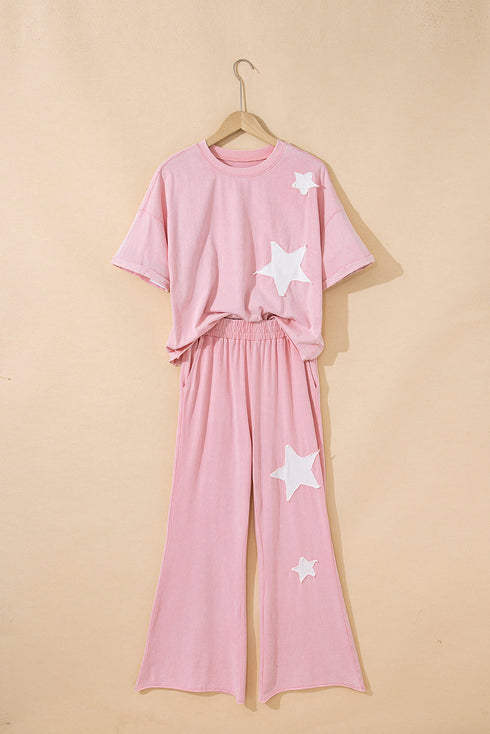 Acid Wash Star Applique Rolled Trim Pants Set