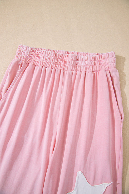 Acid Wash Star Applique Rolled Trim Pants Set