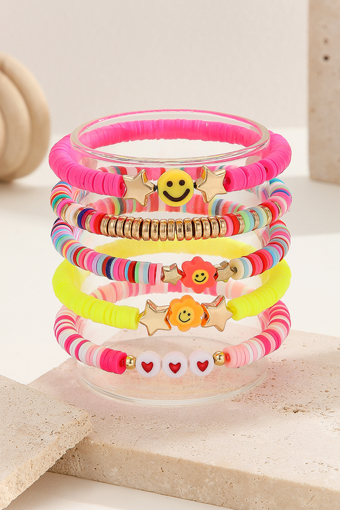 Acrylic Bead Smile Face Flower Stretch Bracelet Set