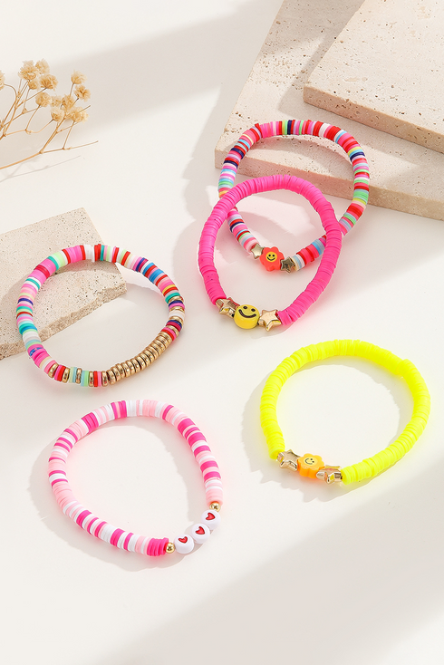 Acrylic Bead Smile Face Flower Stretch Bracelet Set