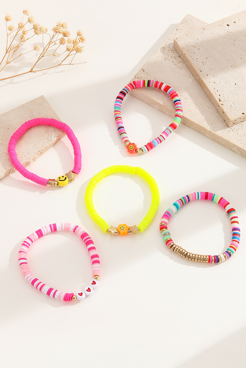 Acrylic Bead Smile Face Flower Stretch Bracelet Set