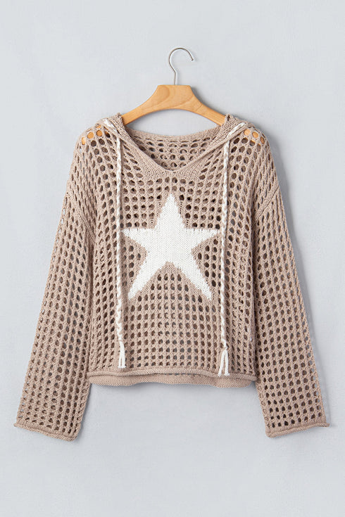 Acrylic Star Pattern Crochet Hooded Drawstring Sweater