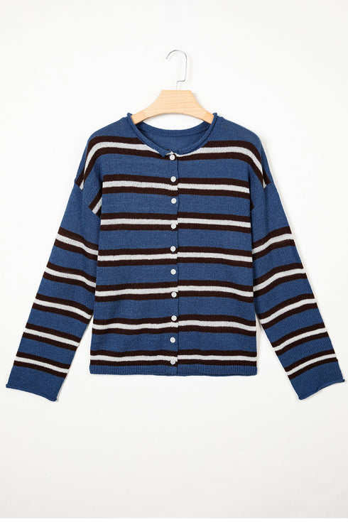 Acrylic Striped Pattern Drop Shoulder Button Cardigan