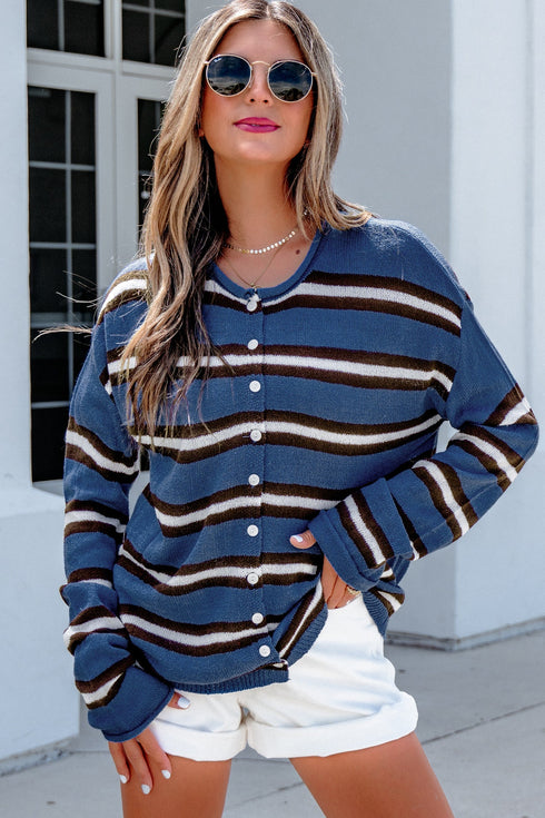 Acrylic Striped Pattern Drop Shoulder Button Cardigan