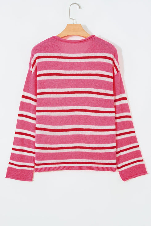 Acrylic Striped Pattern Drop Shoulder Button Cardigan